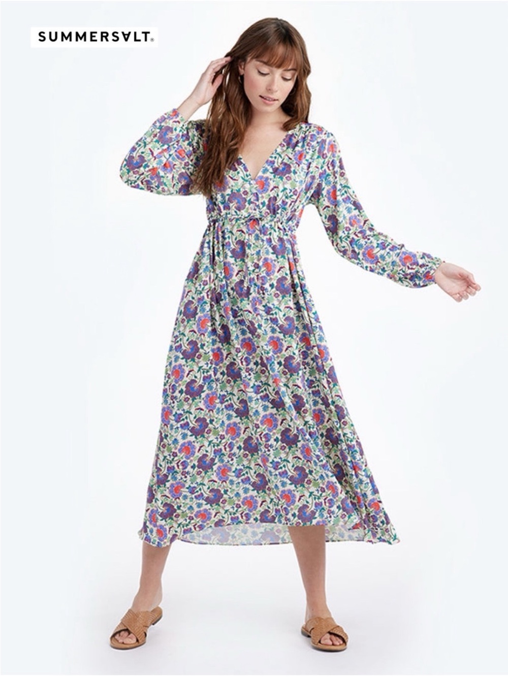 NWT Summersalt the Cinched Caftan Midi Dress Violet Scroll Block print S Flaw